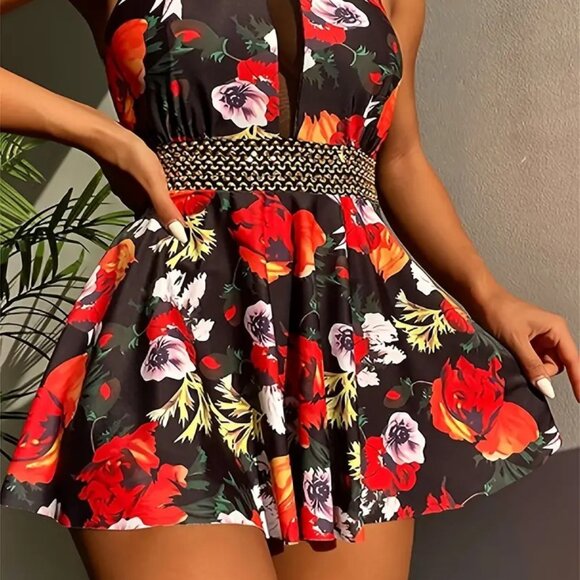 Women Plus Size One-Piece Tankini Halter Neck Flattering Skirted Swimsuit 18W - Picture 2 of 12